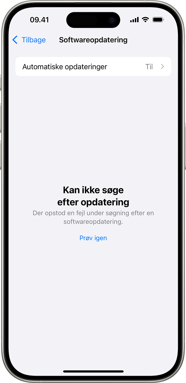 En iPhone, der viser meddelelsen Kan ikke søge efter opdatering