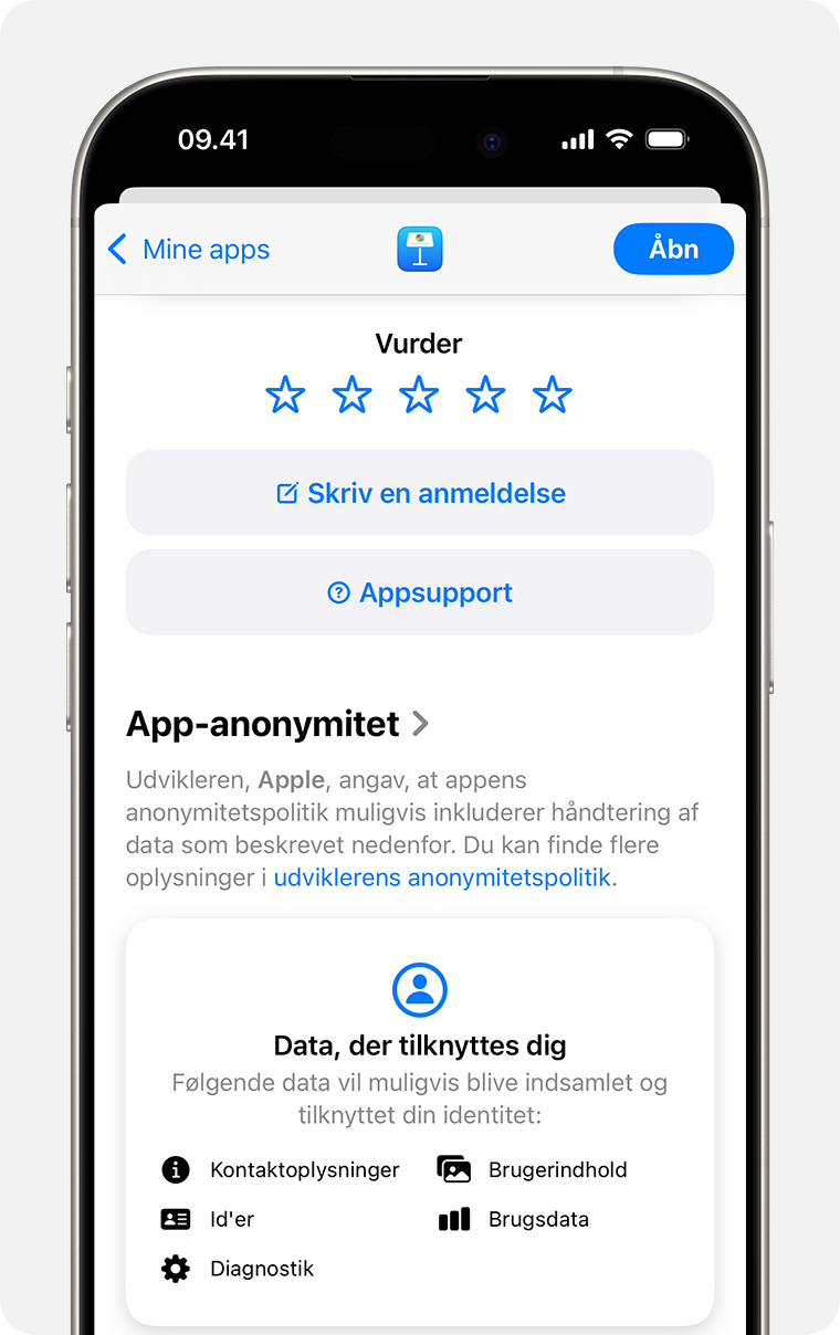 På en iPhone: Appbeskrivelsessiden for Keynote vises. Øverst kan du se 5 stjerner, som du kan bruge til at bedømme appen, en knap til at skrive en anmeldelse og en knap til Appsupport.