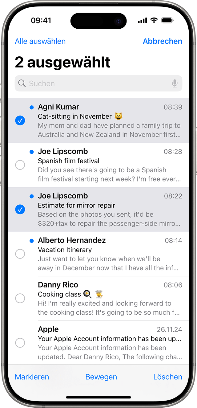 In der Mail-App unter iOS kannst du mehrere E-Mails gleichzeitig löschen.