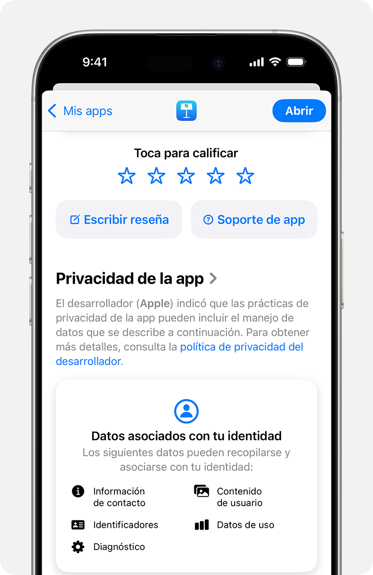 En un iPhone, se muestra la página de descripción de la app correspondiente a Keynote. En la parte superior, verás 5 estrellas que puedes usar para calificar la app, un botón para escribir una reseña y un botón del Soporte de app.