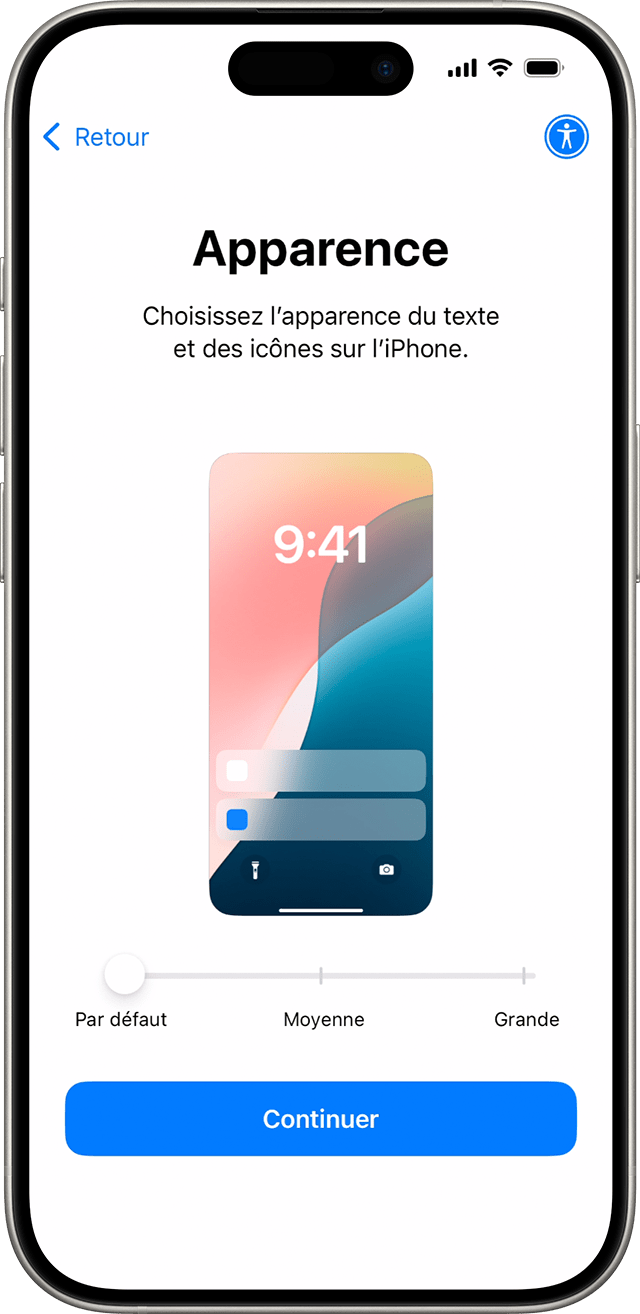 Dans le processus de configuration d’iPhone pour iOS 18, faites glisser une icône pour prévisualiser l’apparence, puis choisissez la taille de texte et d’app que vous préférez.