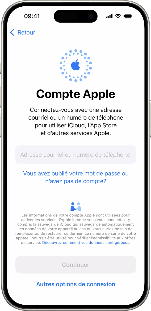 Utilisez votre adresse courriel ou votre numéro de téléphone pour vous connecter avec votre compte Apple pendant le processus de configuration d’iPhone sous iOS 18.