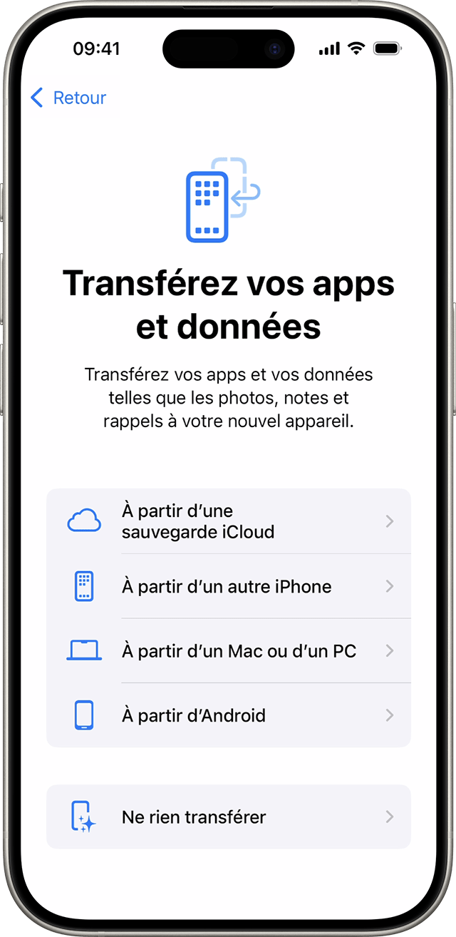 Les options Transférez vos apps et données lorsque vous configurez un iPhone sous iOS 18.