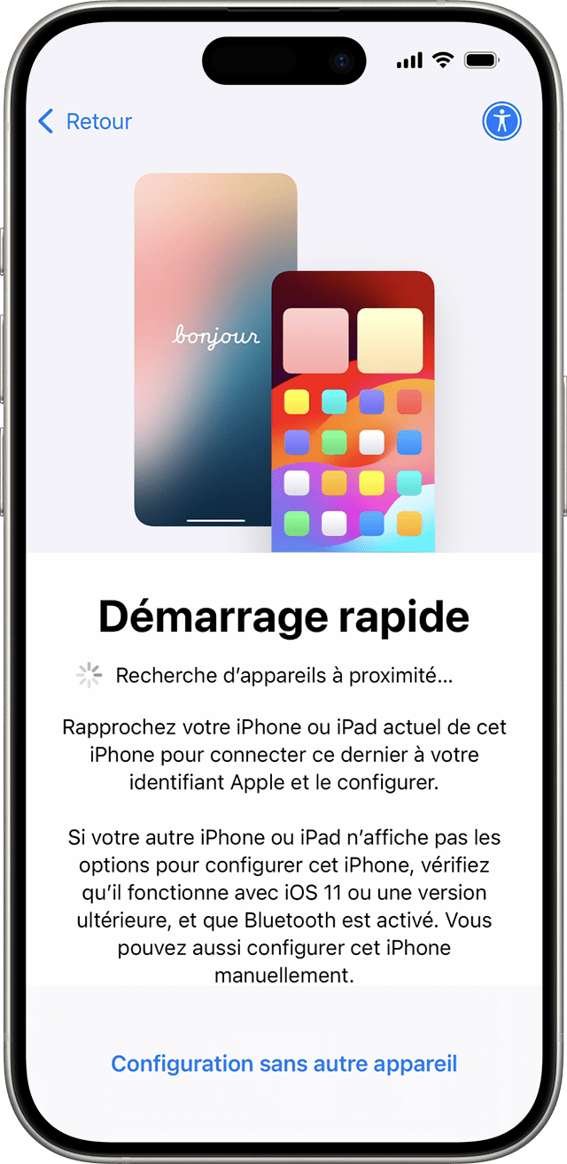 Sous iOS 18, vous pouvez configurer votre nouvel iPhone avec un autre appareil à l’aide de Démarrage rapide.