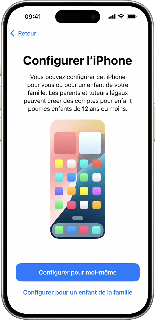 Lors du processus de configuration d’iPhone sous iOS 18, vous pouvez indiquer si le nouveau téléphone sera utilisé par vous ou par un enfant de votre famille.