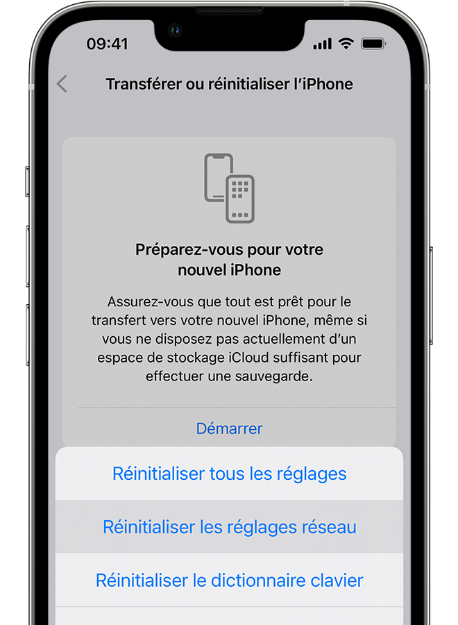 Un iPhone affichant l’écran Transférer ou réinitialiser l’iPhone.