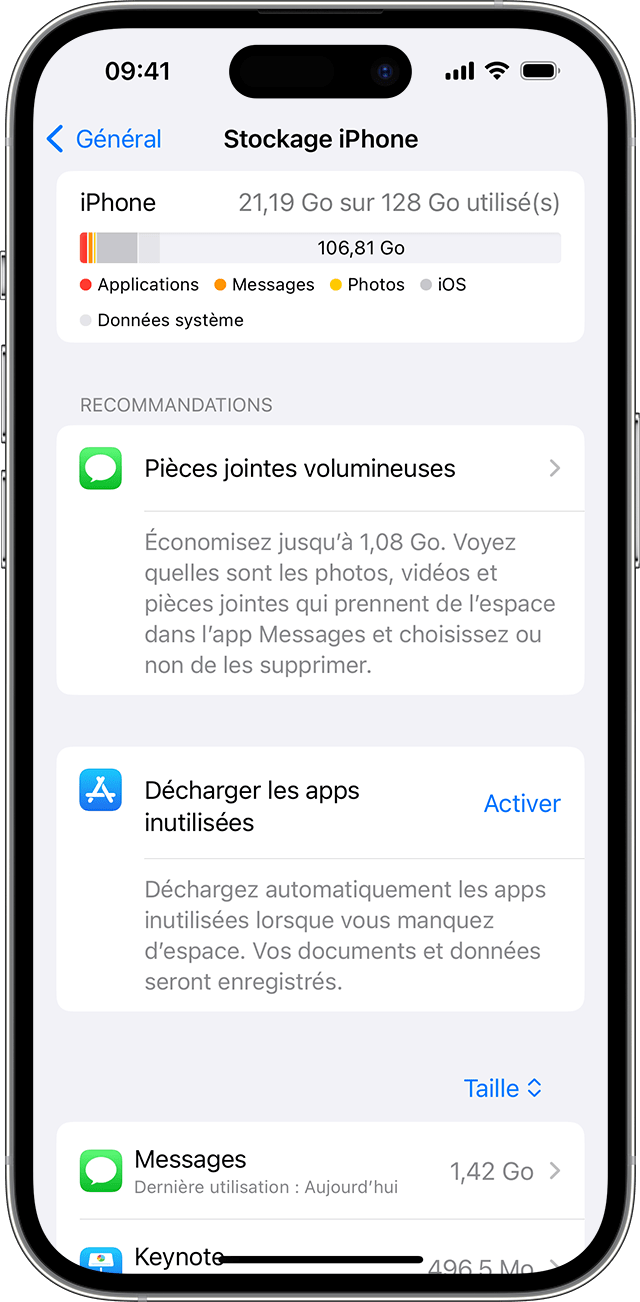 Écran d’iPhone montrant des recommandations permettant de libérer de l’espace sur votre appareil