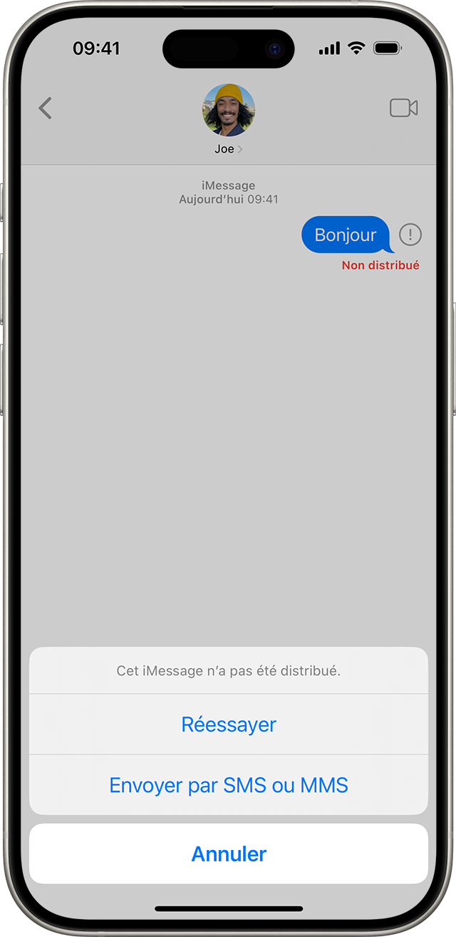 Lorsqu’iMessage ne peut pas envoyer un message, un point d’exclamation rouge s’affiche et vous avez la possibilité de réessayer ou d’envoyer un message texte.