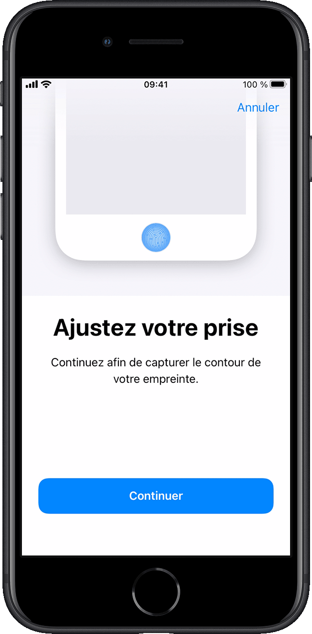 Ajustement de la prise pour la création d’un code d’accès afin de configurer Touch ID sur iPhone SE sous iOS 15