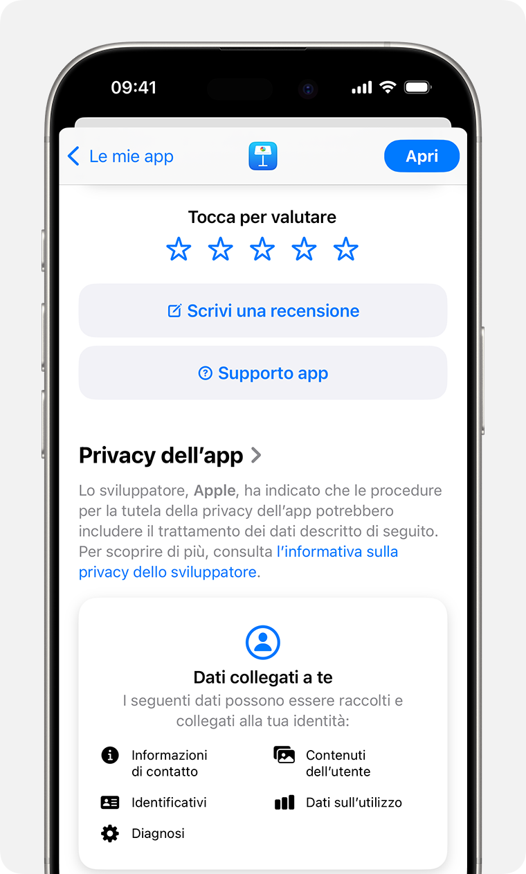 Su iPhone, viene visualizzata la pagina di descrizione dell'app per Keynote. In alto vedi 5 stelle che puoi usare per valutare l'app, un pulsante per scrivere una recensione e un pulsante per il Supporto app.