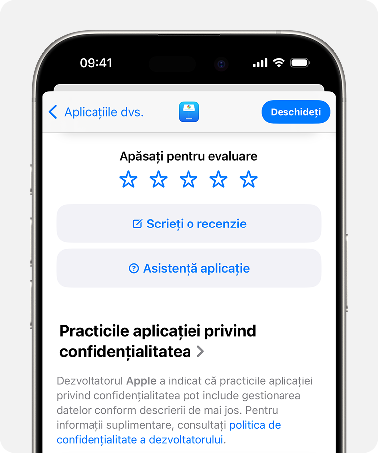 Pe un iPhone, se afișează pagina de descriere a aplicației pentru Keynote. În partea de sus vezi 5 stele pe care le poți folosi pentru a evalua aplicația, un buton pentru a scrie o recenzie și un buton pentru Asistență aplicație.