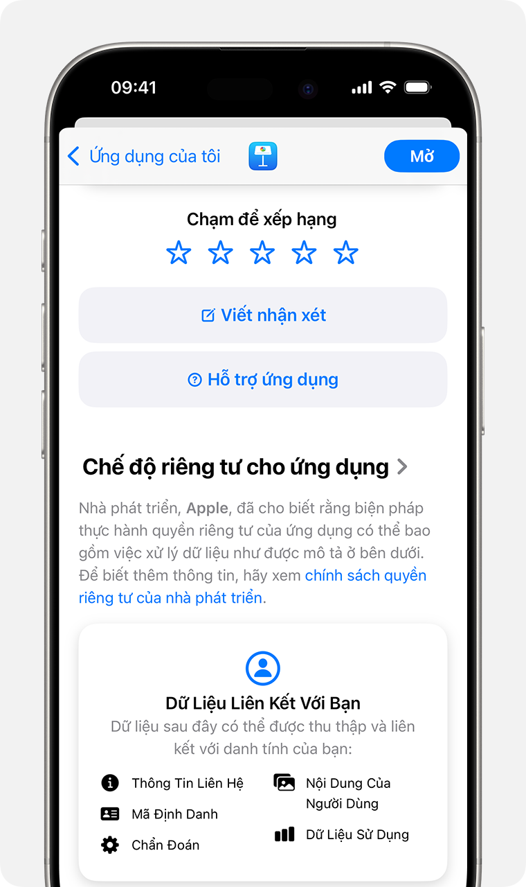 Trang mô tả ứng dụng của Keynote đang hiển thị trên iPhone. Ở trên cùng, bạn sẽ thấy biểu tượng 5 sao dùng để đánh giá ứng dụng, một nút để viết nhận xét và một nút Hỗ trợ ứng dụng.