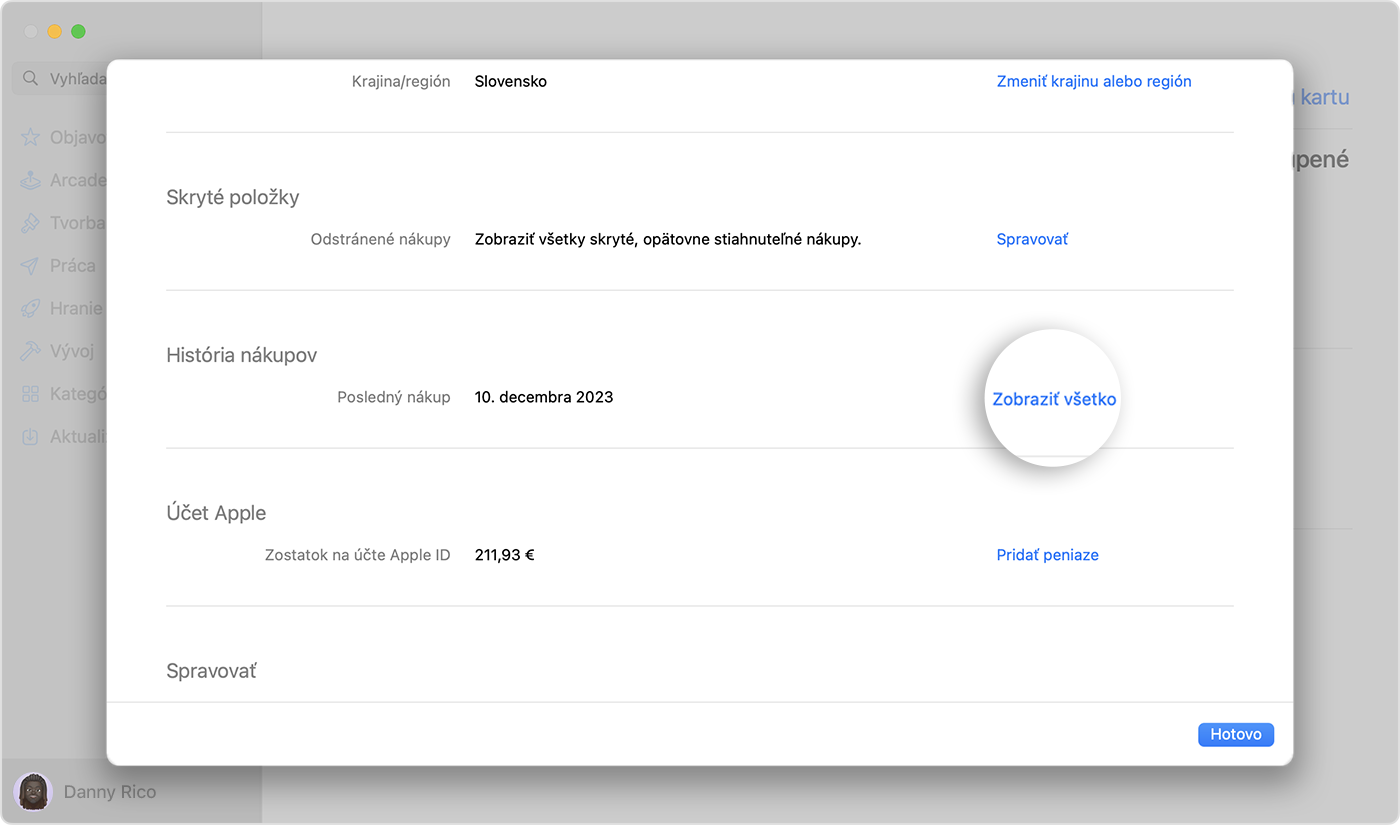 Obrázok nastavení účtu v App Store v systéme macOS. Je zvýraznené tlačidlo Zobraziť všetko.