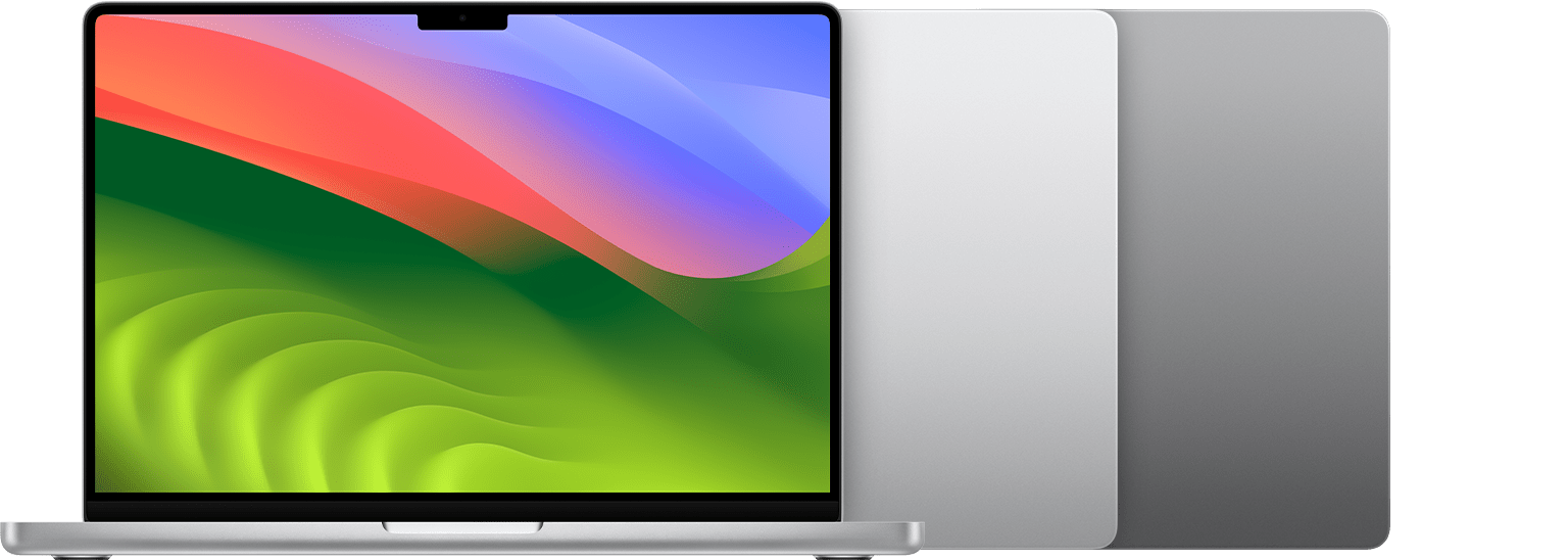 MacBook Pro (14″, November 2023) in Silber und Space Grau.