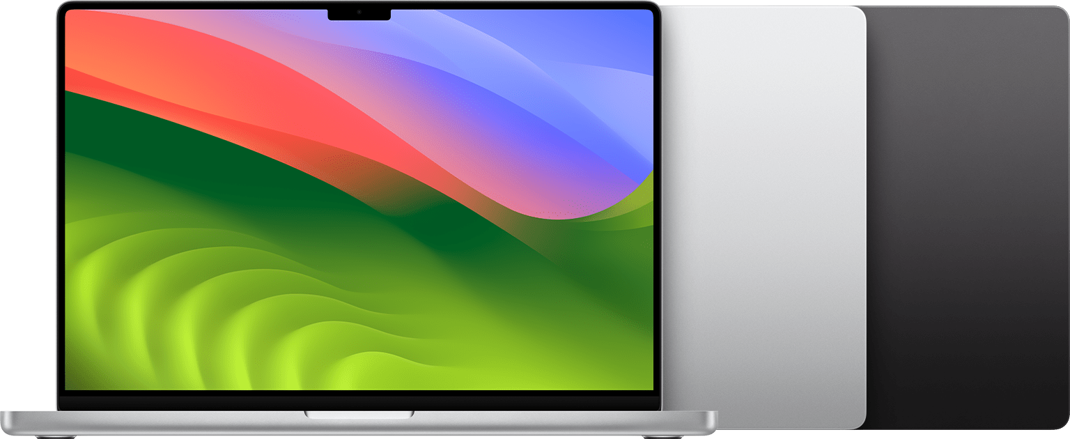 MacBook Pro (16″, November 2023) in Silber und Space Schwarz.