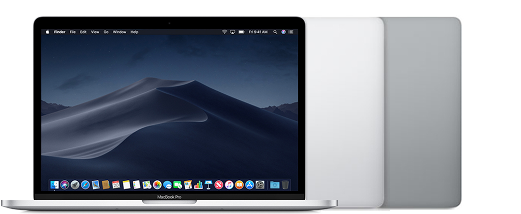 MacBook Pro (13″, 2019, zwei Thunderbolt 3-Anschlüsse) in Silber und Space Grau.