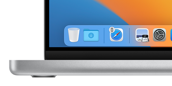 Dock في macOS، يعرض أيقونة سفاري لميزة "التسليم"