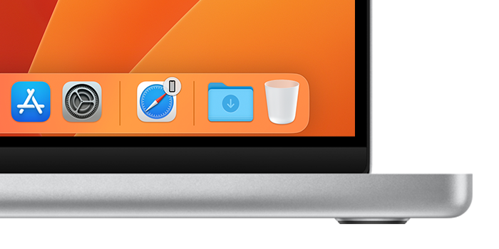 Dock en macOS, con un icono de Safari para Handoff