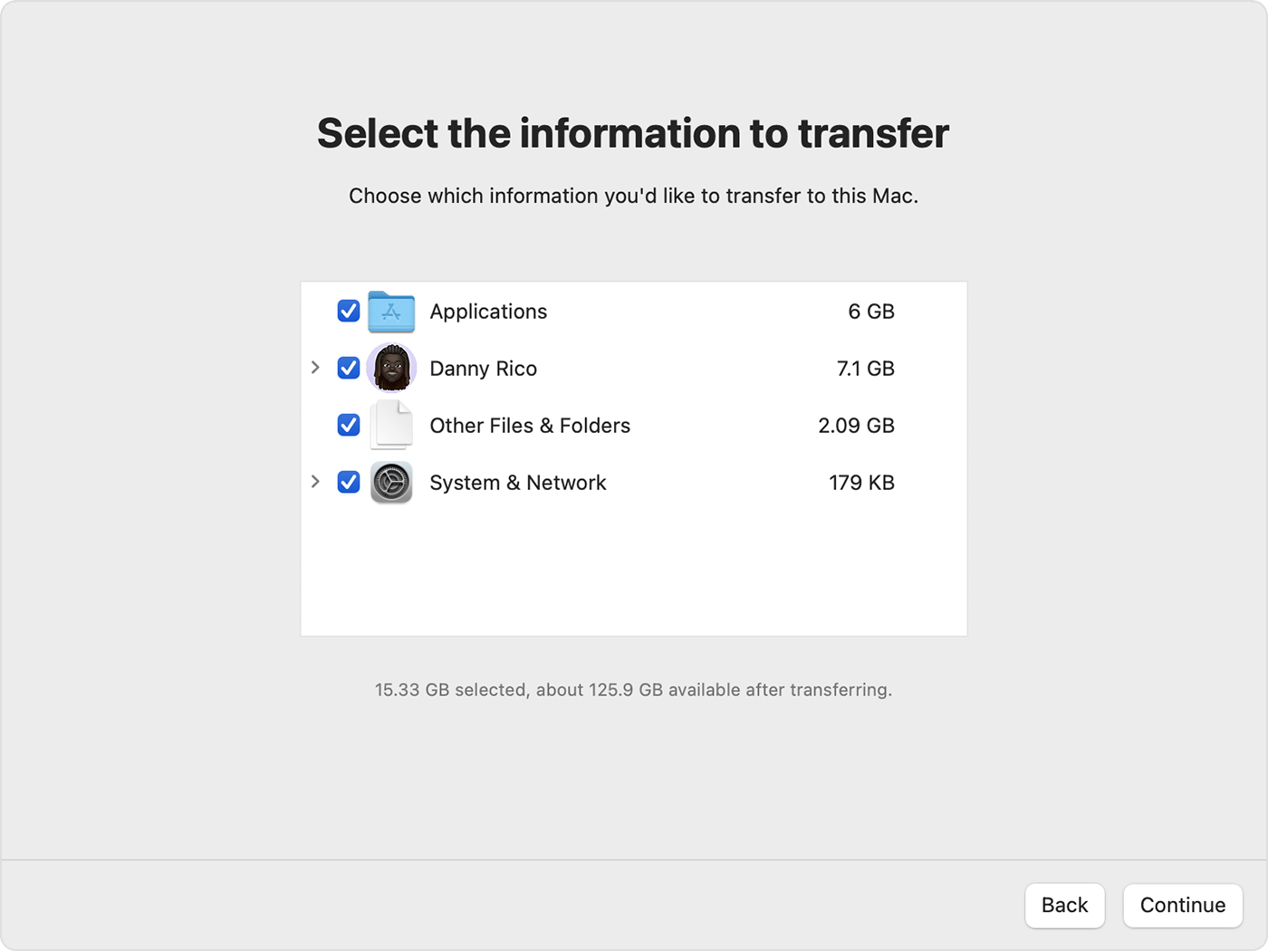 Migration Assistant showing the various categories of information.