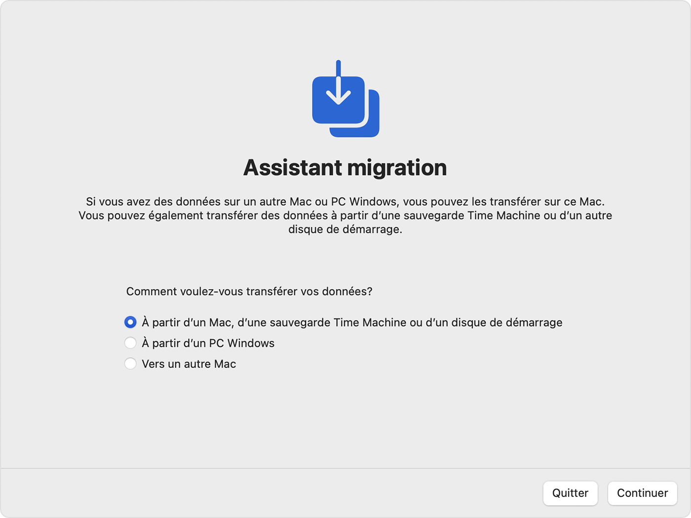 Assistant de migration avec l’option « À partir d’un Mac, d’une sauvegarde Time Machine ou d’un disque de démarrage » sélectionnée.