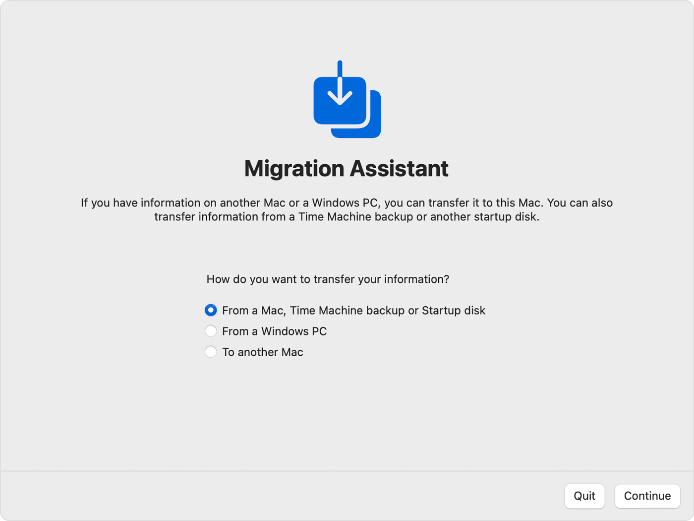 Migration Assistant with the "From a Mac, Time Machine backup, or Startup disk" option selected.