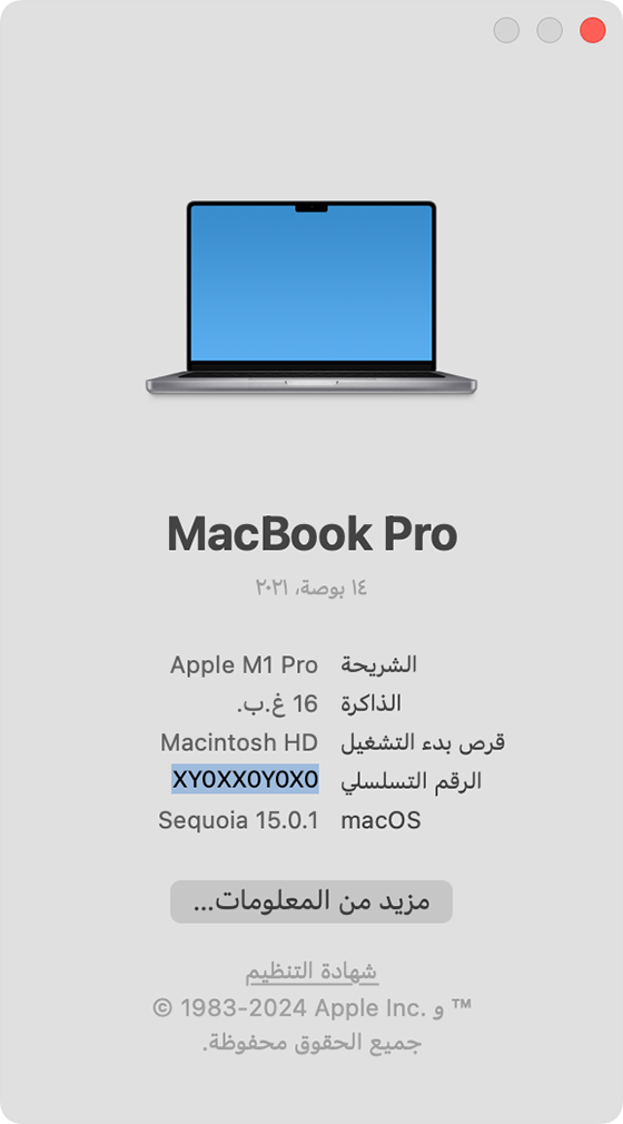 نافذة "حول هذا الـ Mac" مع تمييز الرقم التسلسلي