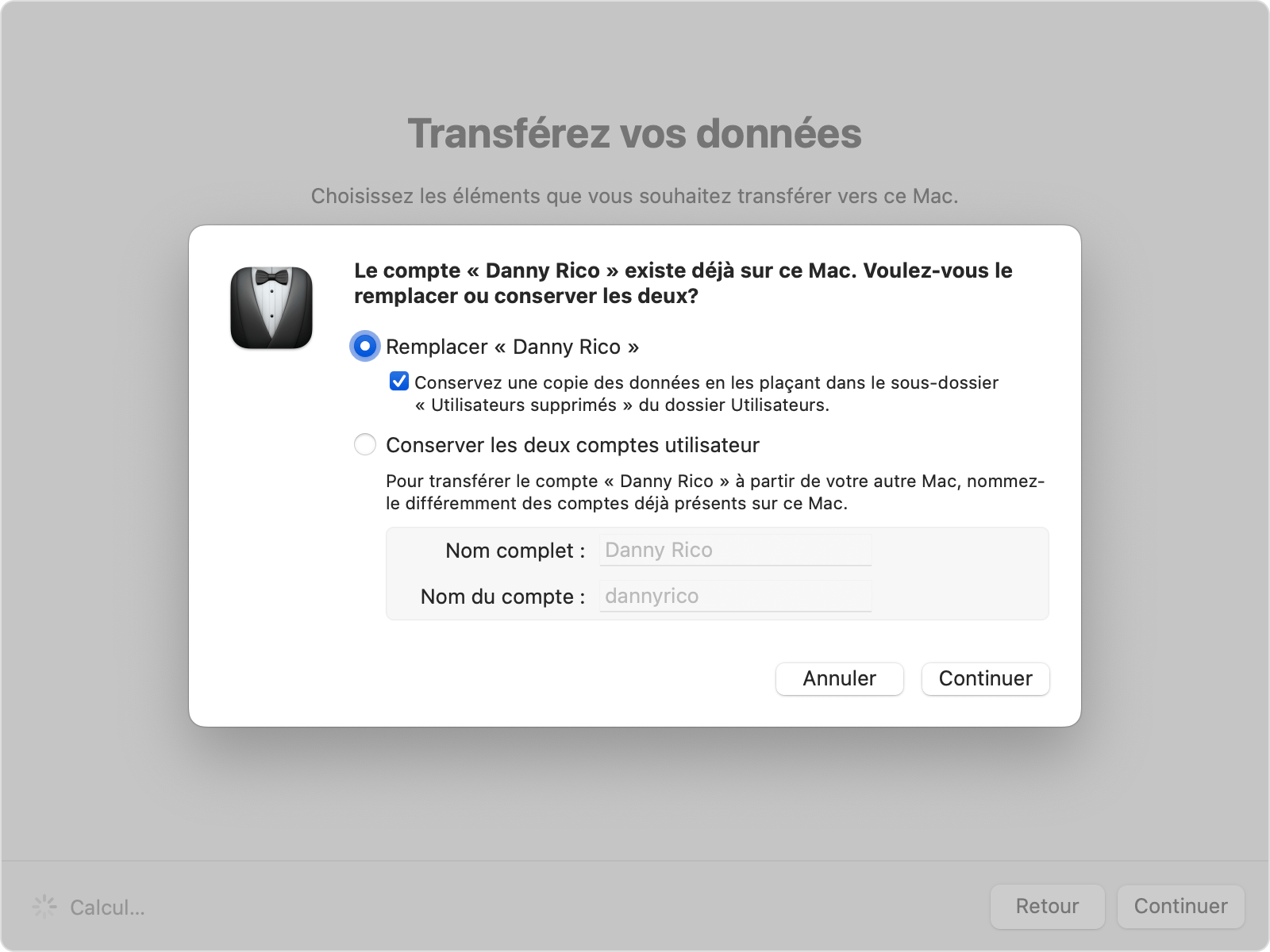 Assistant de migration affichant les options de remplacement ou de conservation d’un compte existant.