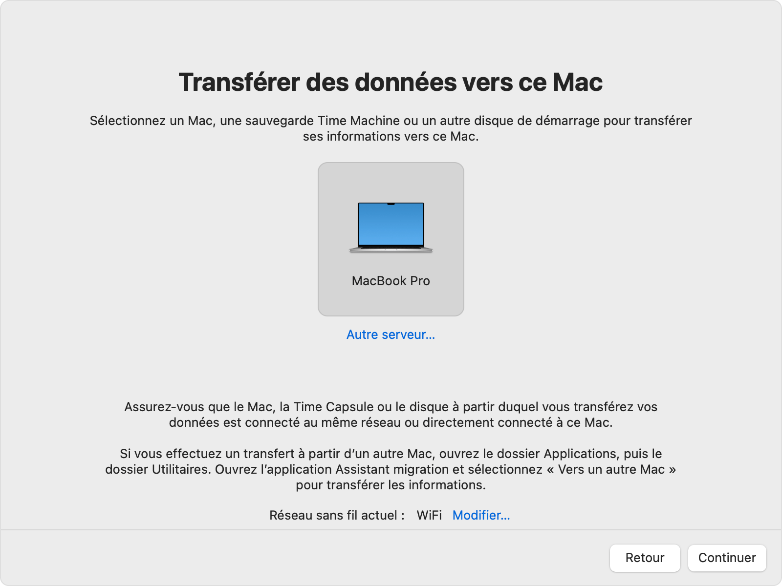 L’Assistant migration affiche l’icône sélectionnée de l’ancien Mac.