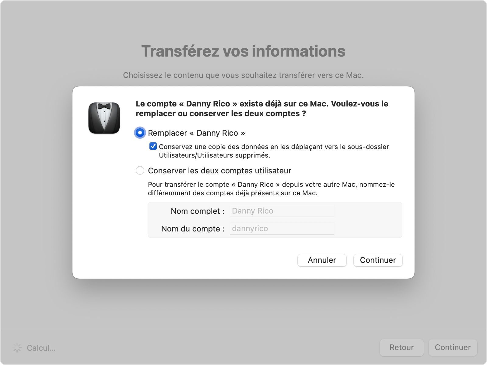 Assistant migration affichant les options de remplacement ou de conservation pour un compte existant.