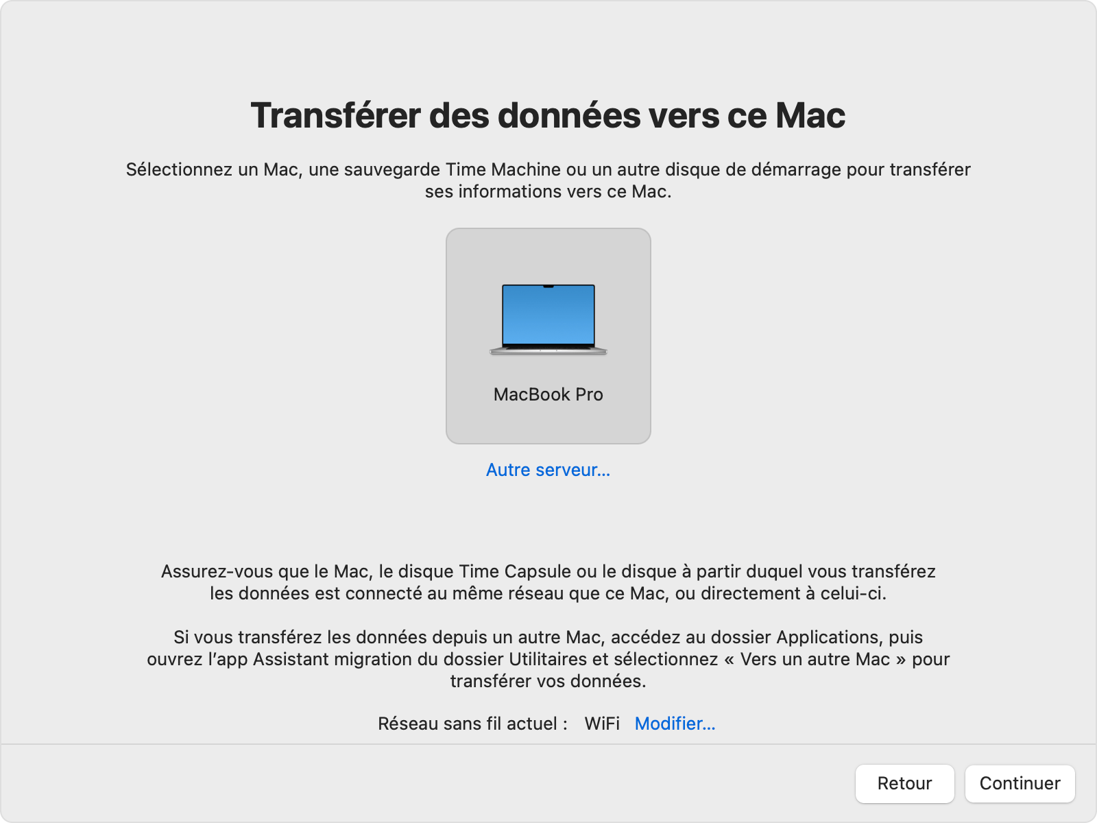 Assistant migration avec l’icône de l’ancien Mac sélectionnée.