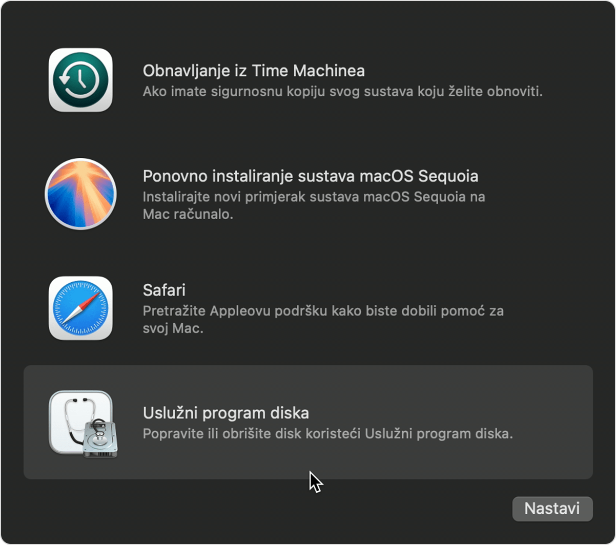 Prozor Uslužni programi u Oporavku sustava macOS