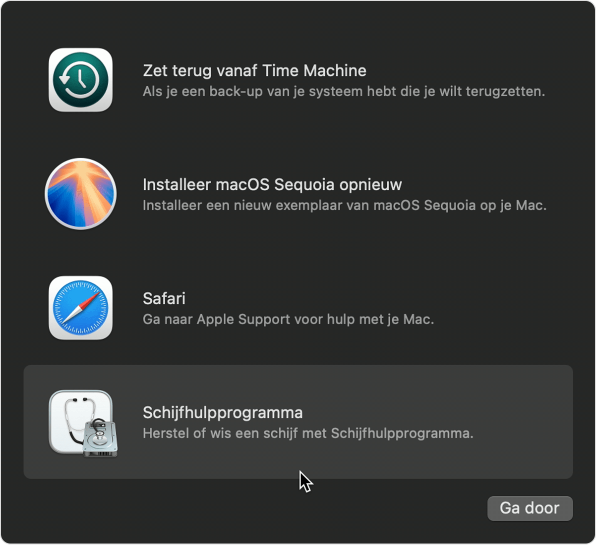 Venster met hulpprogramma's in macOS-herstel