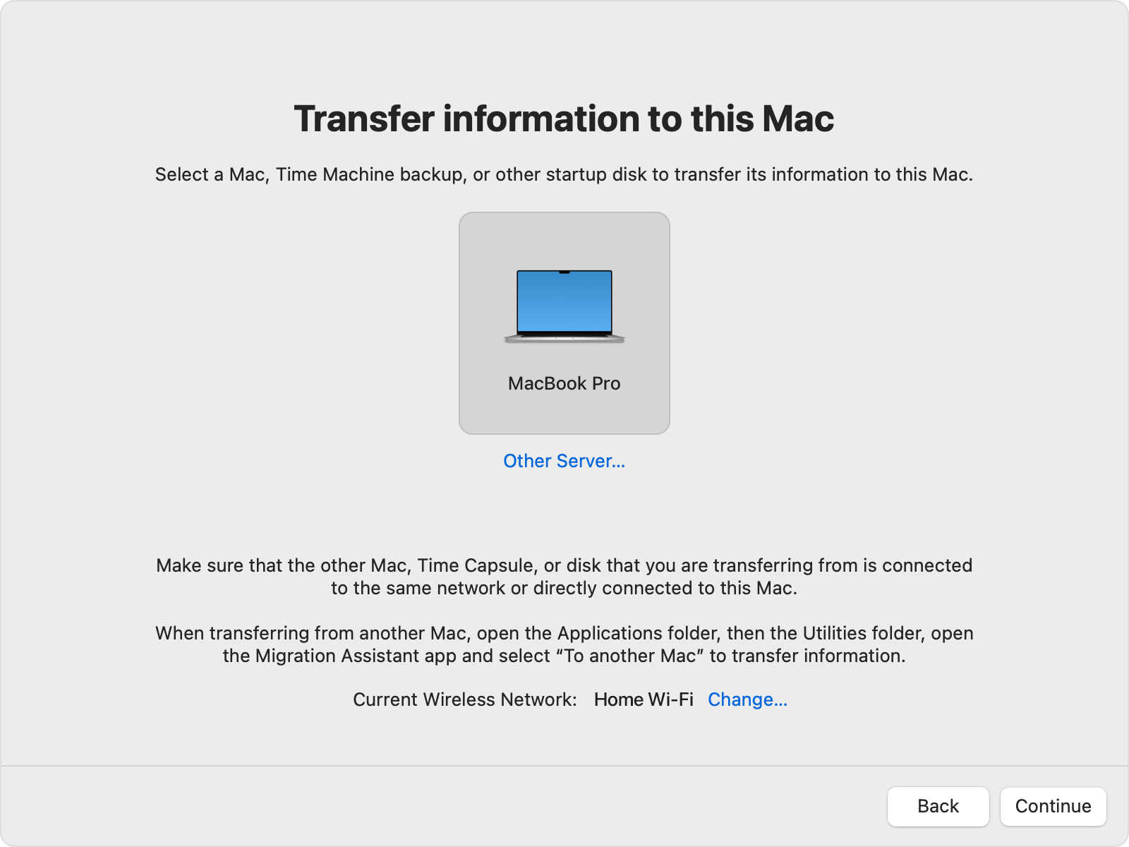 Migration Assistant showing the selected icon of the old Mac.