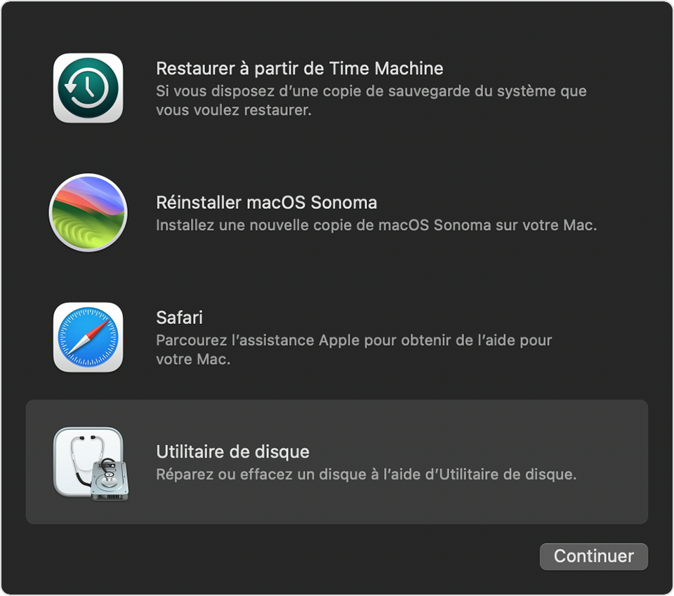 Fenêtre Utilitaires de la fonctionnalité de récupération de macOS