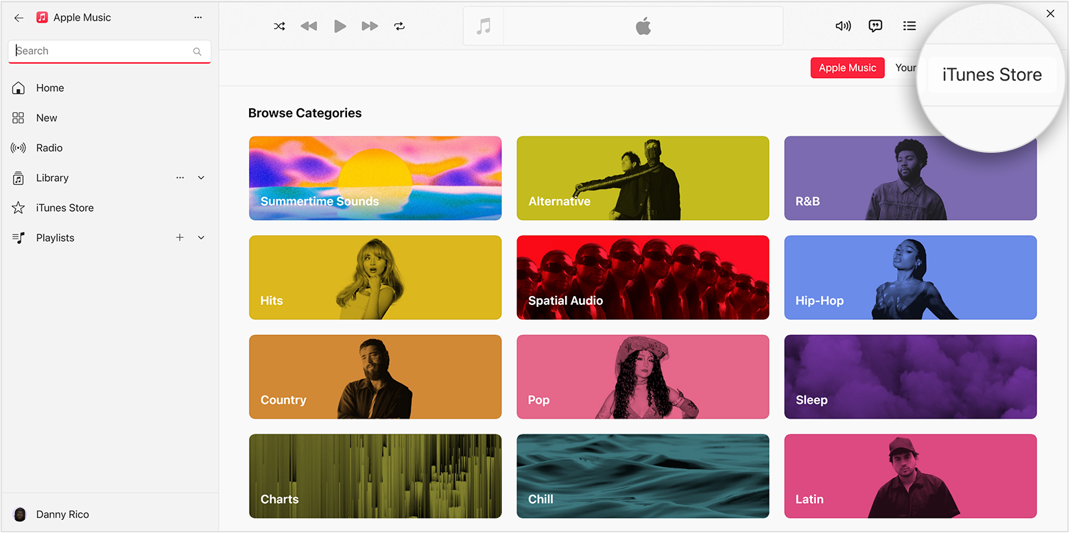 The Browse Catergories page of the Apple Music app for Windows. The iTunes Store is selected in the top right.