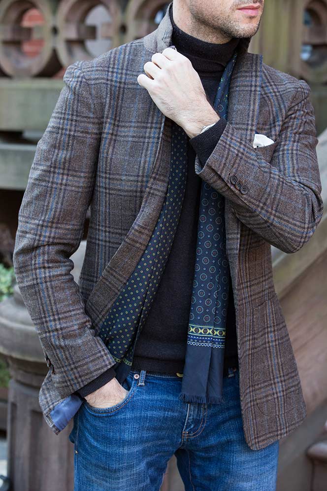 plaid-blazer-brown-turtleneck-blue-silk-scarf-with-jeans-mens-weekend-outfit-ideas-spring-2016  - He Spoke Style