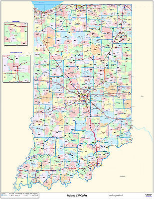 Indiana State Zipcode Laminated Wall Map | eBay