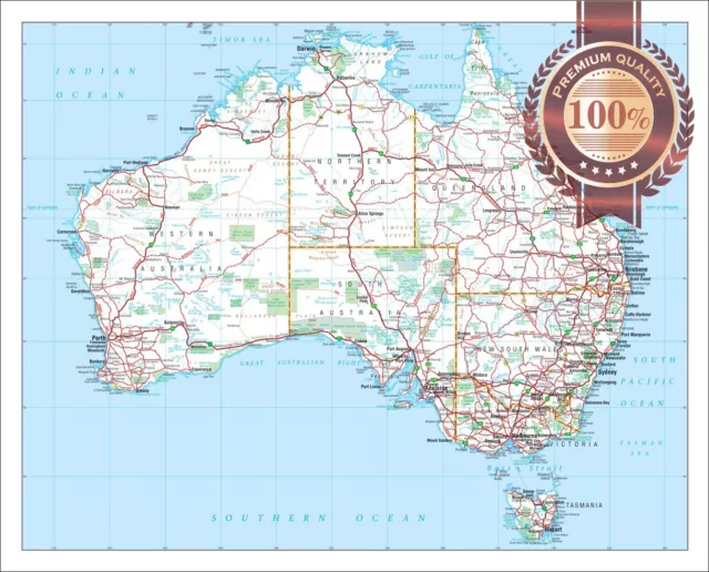 DETAILED MAP OF Australian Roads Australia Aus Atlas Wall Print Premium ...