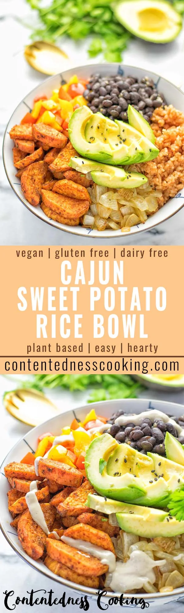 Super easy to make and incredibly satisfying: This Cajun Sweet Potato Rice bowl is naturally vegan, gluten free and infused with all the best cajun flavors. An amazing dinner, lunch, meal prep, work lunch and budget friendly meal which the whole family will love. #vegan #glutenfree #vegetarian #dairyfree #contentednesscooking #sweetpotato #cajunrecipe #easyfood #mealprep #worklunchideas #budgetmeals #lunch #dinner #ricebowls #ricebowlshealthy #bowlrecipes