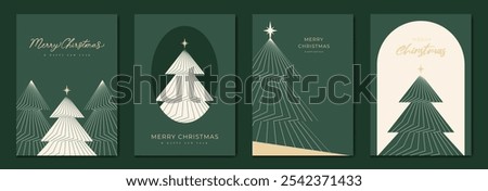 Elegant christmas invitation card art deco design vector. Christmas tree line art, star on green and white background. Design illustration for season's greeting poster, cover.