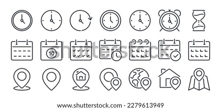 Time, date and address concept editable stroke outline icons set isolated on white background flat vector illustration. Pixel perfect. 64 x 64.