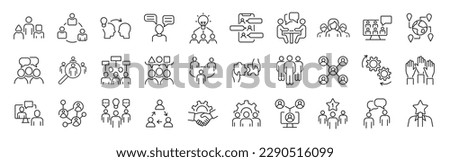 Set of 30 thin line icons related  team, teamwork, co-workers, cooperation. Linear busines simple symbol collection.  vector illustration. Editable stroke