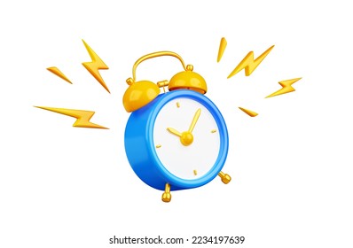 3D render alarm clock hurry up, ringing watches with flash lightnings. Morning alert, time countdown, last chance sale or deadline concept, Illustration in cartoon plastic style on. 3D Illustration