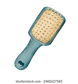 Illustration of hairbrush, light blue base and handle with beige brush, transparent background PNG file for your klipart