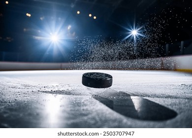 Primer plano de un disco de hockey cayendo sobre la superficie de hielo en la pista de hielo. Escena dramática.