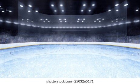 Estadio de hockey sobre hielo, campo con focos. Vista desde las puertas de la pista de hielo vacía, arena deportiva con iluminación interior. Fondo de ilustración de renderizado 3D. Concepto de deportes de equipo, estilo de vida activo. Anuncio