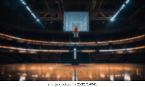 Una cancha de baloncesto cubierta con una iluminación espectacular, disparada desde la cancha central hacia el aro. Arena vacía, perfecta para eventos de baloncesto o uso de fondo.