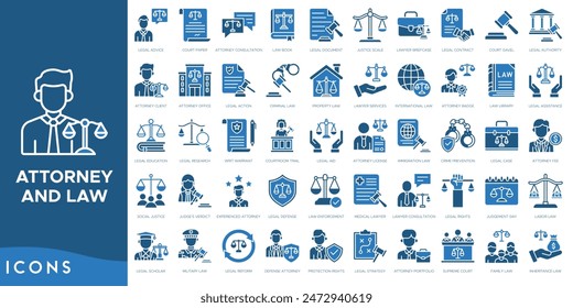 Attorney and Law icon set. Legal Advice, Court Paper, Attorney Consultation, Law Book, Legal Document, Justice Scale and Lawyer Briefcase