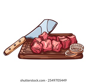 Carne de res cortada en trozos cuadrados en tablero de madera con cuchillo. Esquema dibujado a mano bosquejo de color de la cocina como cortar carne de res cruda y cebolla para cocinar la comida. Cocina, mascota de la cena, Ilustración vectorial del icono