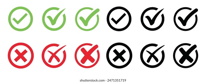 Check mark icon button set. Check box icon with right and wrong buttons and yes or no checkmark icons in green tick box and red cross. Isolated checkmark symbol, right and wrong sign concept.